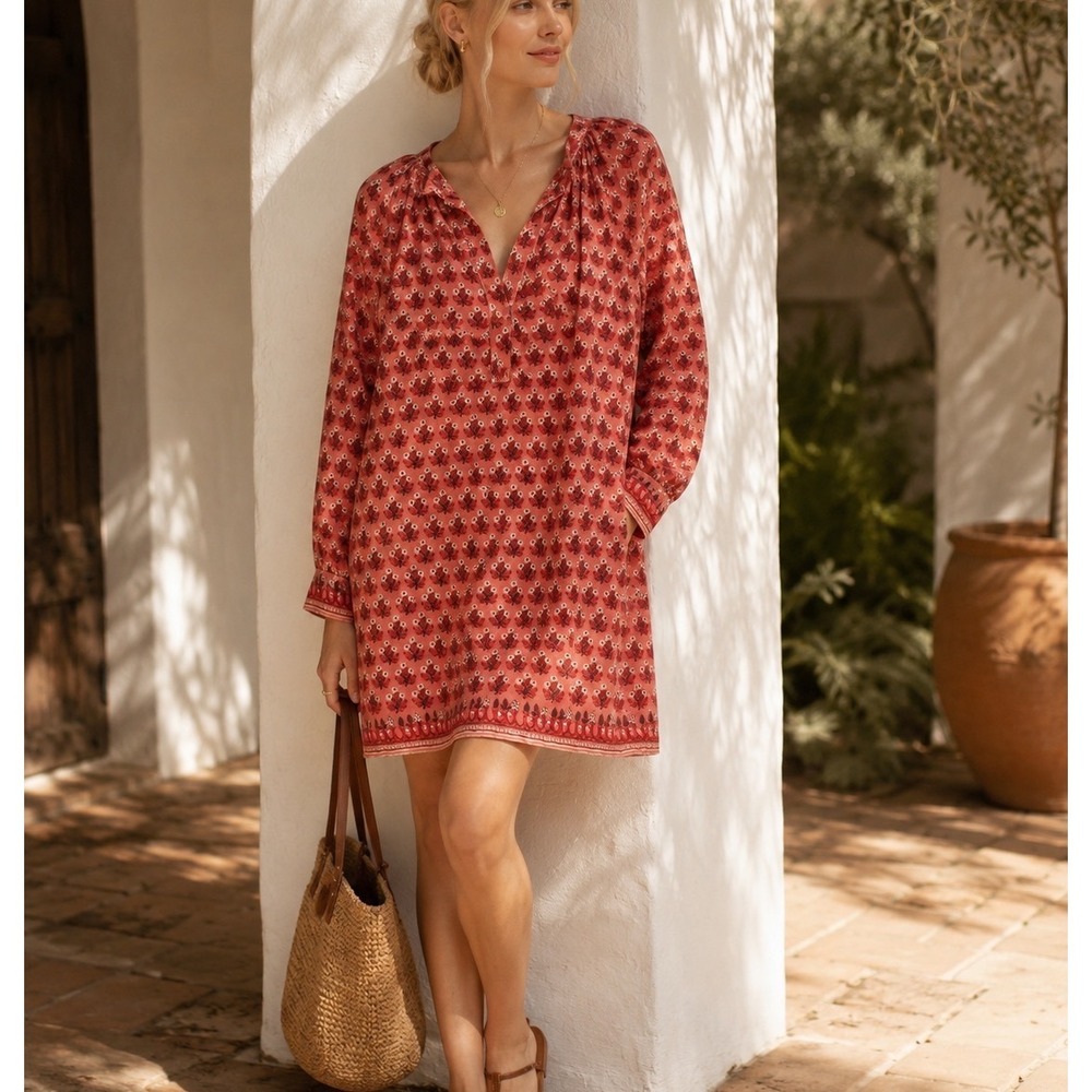 J.Crew Cabana Mini Dress Womens M Pink Block Print 2025 Ramie Pockets C1921